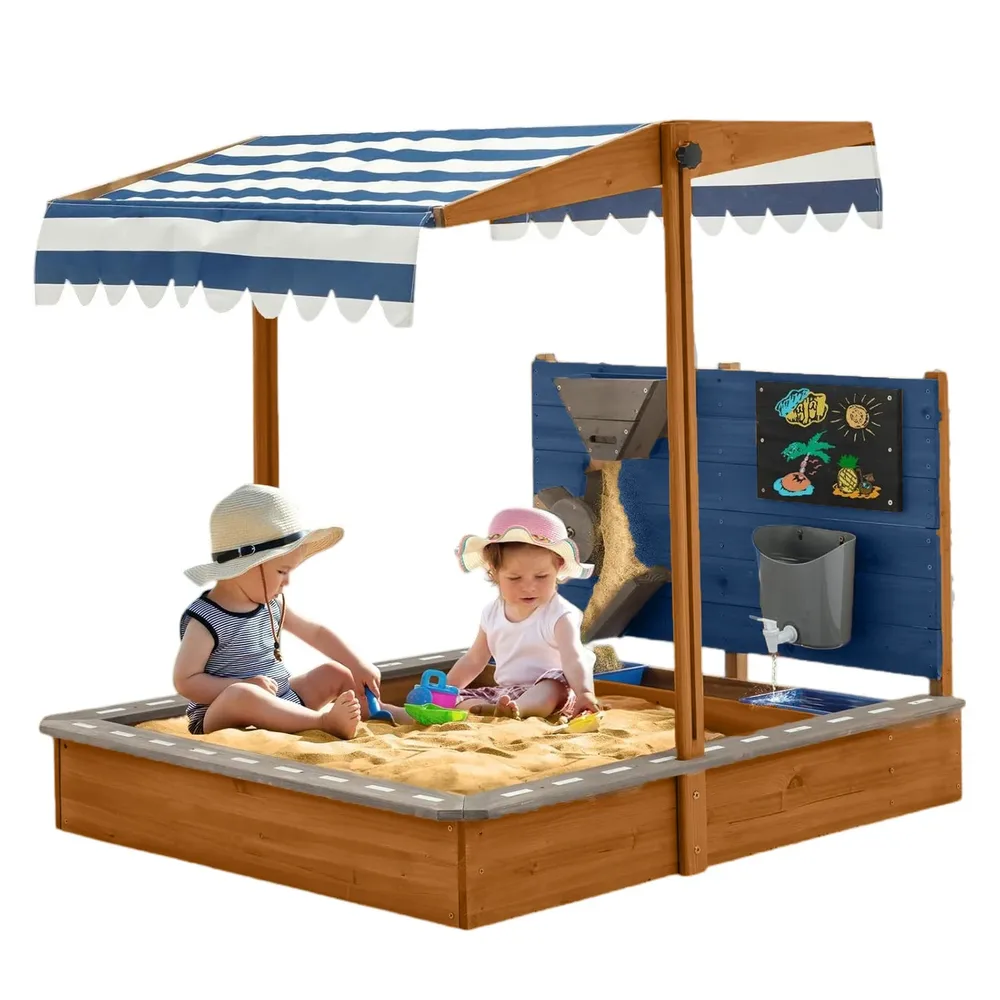 Детски Дървен Пясъчник GINGER HOME с Регулируем Покрив, Аксесоари за Игра 120x120x120 см – Идеален за Двор и Градина