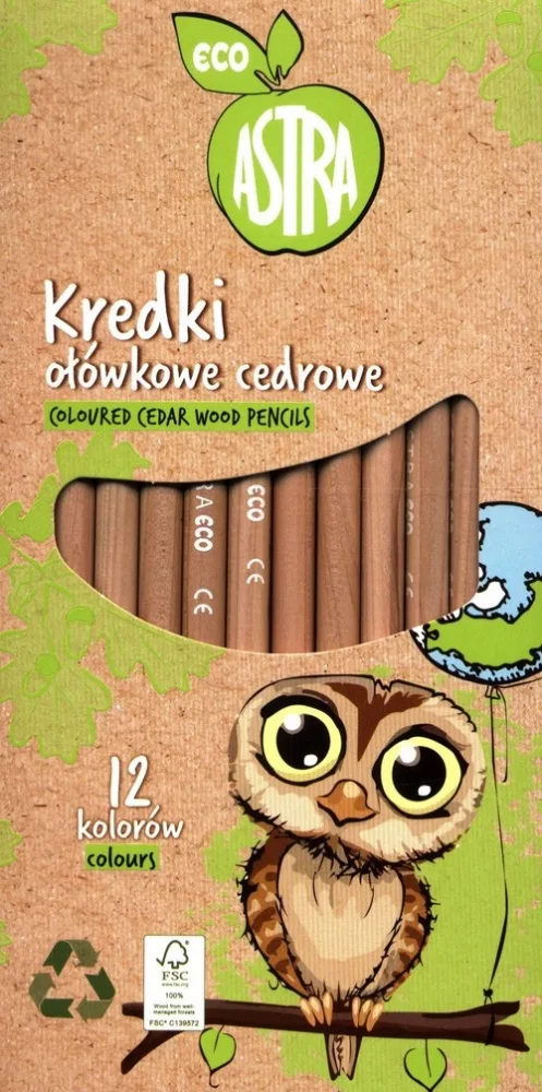 Комплект моливи, Astra, Eco, Цветни и кръгли от кедрово дърво, 12 цвята