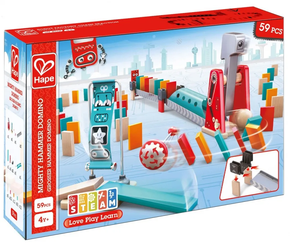 Комплект дървена игра, Hape, Домино, Мощен удар, 59 части