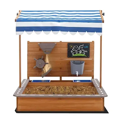 Детски Дървен Пясъчник GINGER HOME с Регулируем Покрив и Аксесоари – Пясъчна Мелница, Писта за Колички, 103x114x110 см