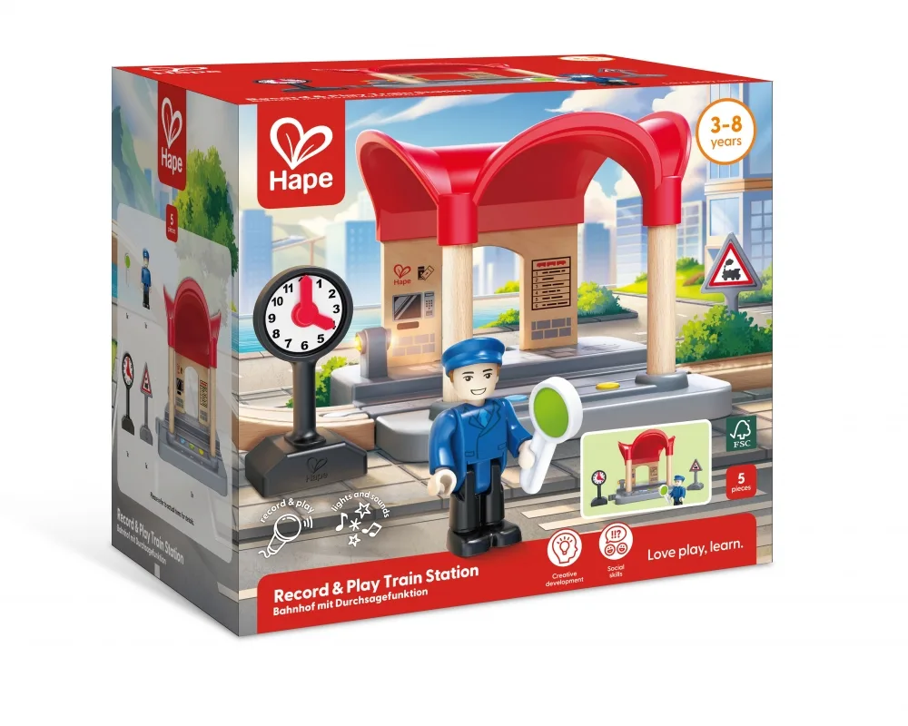 Комплект за игра, Hape, Интерактивна ЖП гара, 5 части