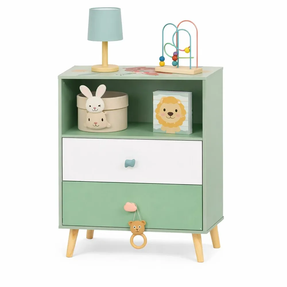 Детски Шкаф за Играчки и Дрехи GINGER HOME, Етажерка за Детска Стая с 2 чекмеджета, Мече, FOREST