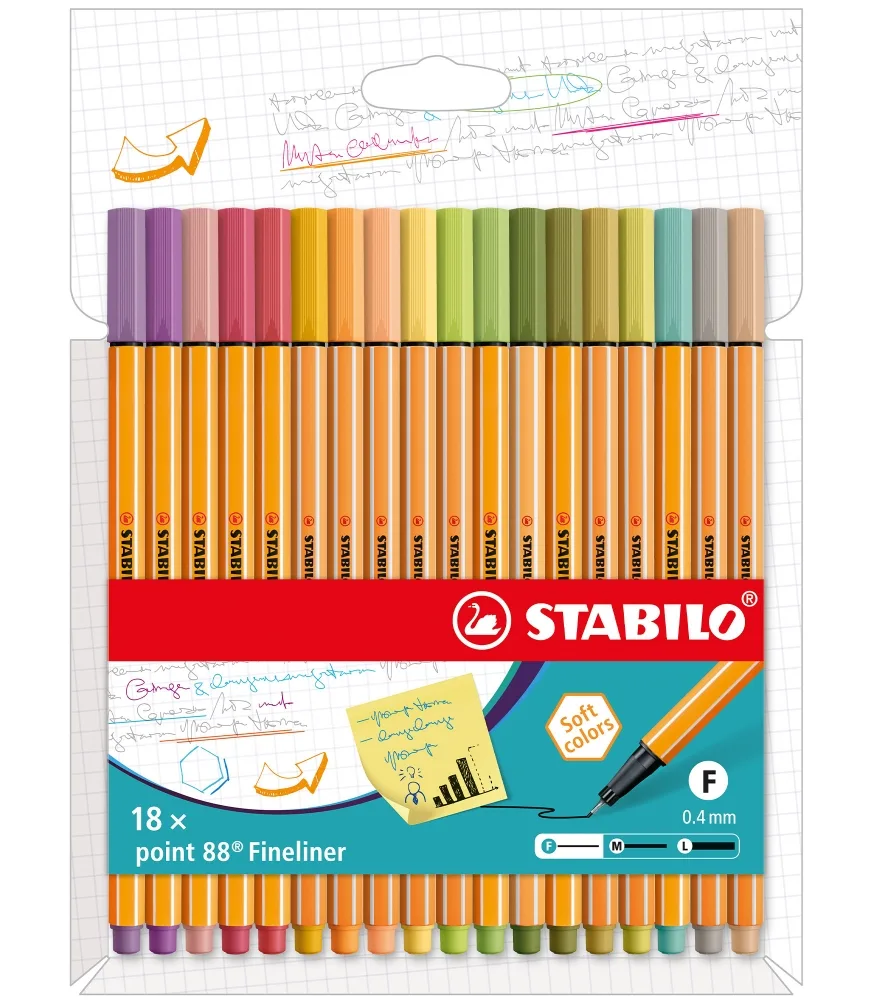 Комплект тънкописци, Stabilo, Point 88, 18 цвята