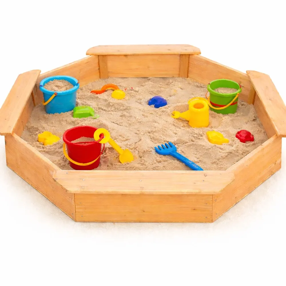 Детски дървен пясъчник GINGER HOME – 8-странен модел с 4 седалки, 134.5×134.5 см
