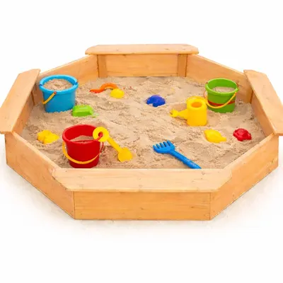 Детски дървен пясъчник GINGER HOME – 8-странен модел с 4 седалки, 134.5×134.5 см