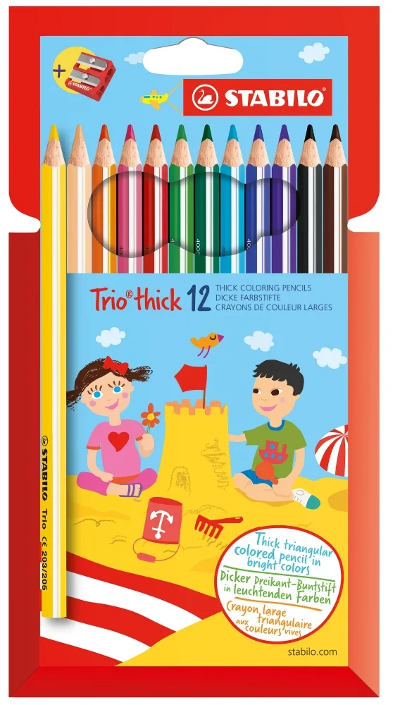 Комплект цветни моливи и острилка, Stabilo, Trio Thick, 12 цвята