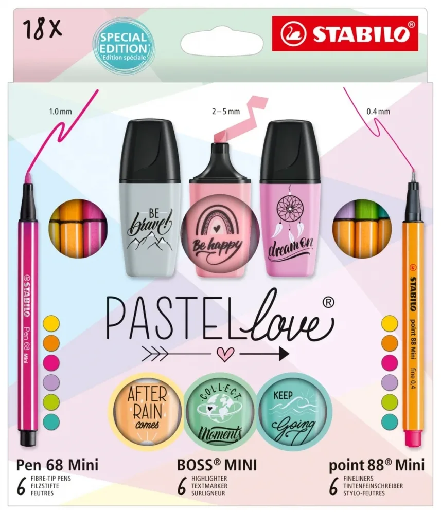 Комбиниран комплект, Stabilo, Pastellove, Pen 68 Mini, Boss Mini, Point 88 mini, 18 броя