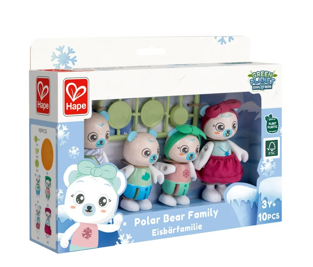 Комплект дървени фигури, Hape, Семейство полярни мечки, 10 части