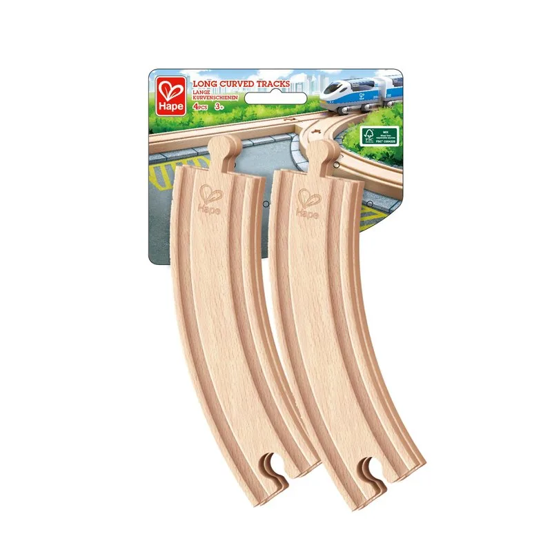 Дървен комплект, Hape, Дълга железопътна извита релса, 4 броя