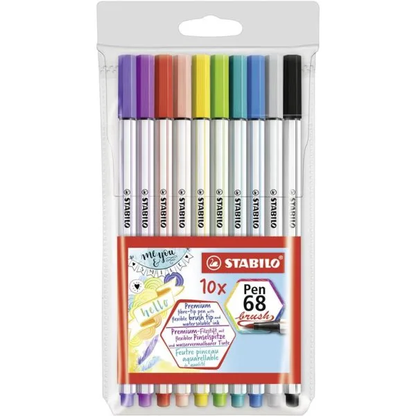 Комплект флумастери, Stabilo, Pen 68 Brush, 10 цвята