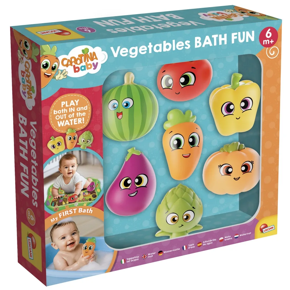 Комплект подложка и играчки за баня, Lisciani, Carotina, Зеленчуци, 8 части