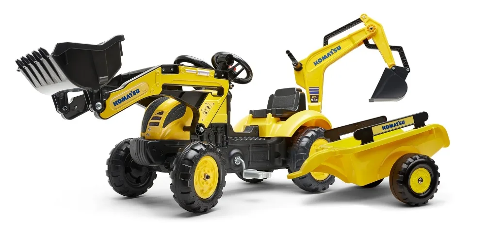 Детски багер с две кофи, ремарке и педали Komatsu - жълт