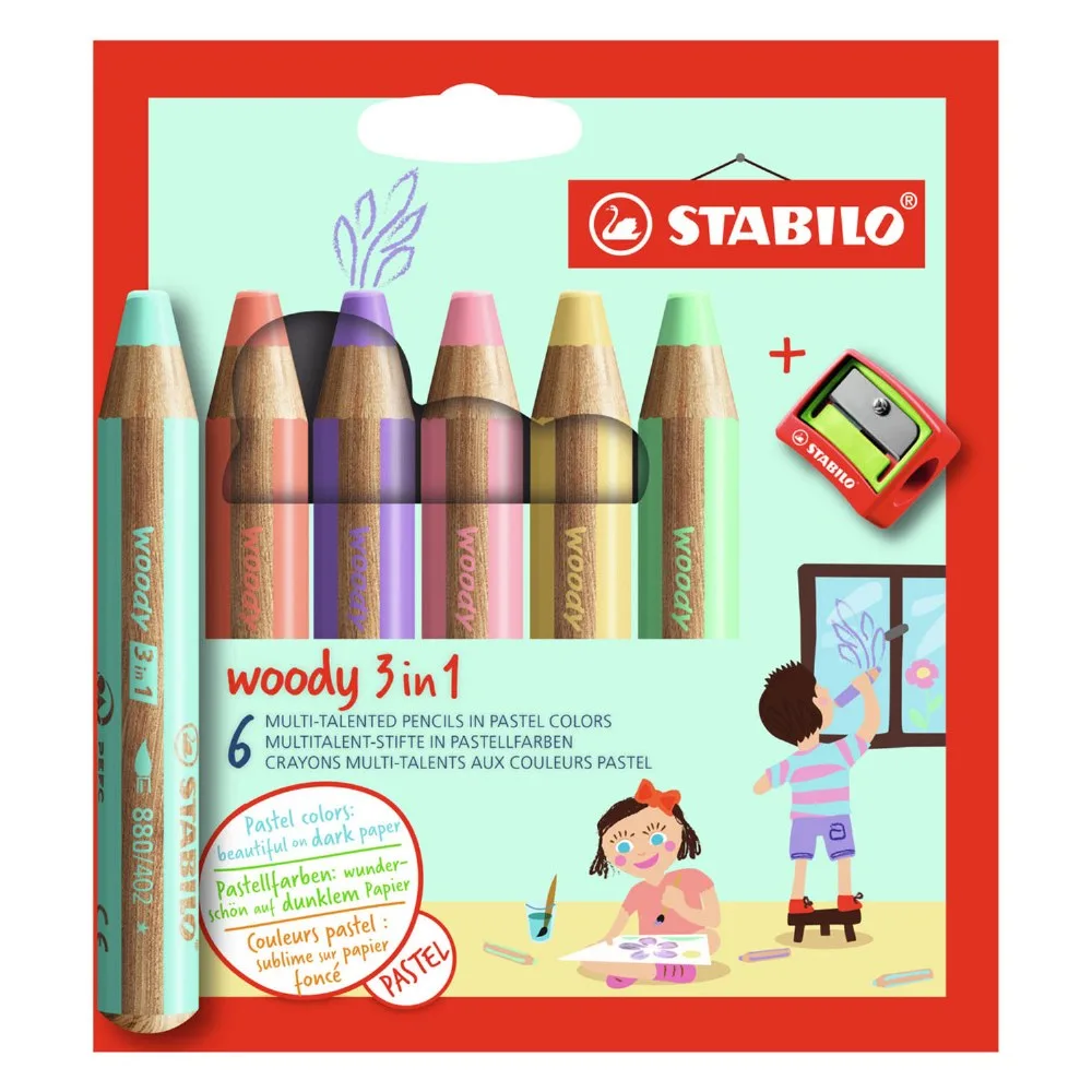 Комплект цветни моливи, Stabilo, Woody 3 в 1 Pastel + острилка, 6 цвята