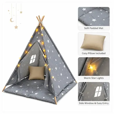 Детска Памучна Палатка GINGER HOME Little Stars, Типи, Сива със Звезди, 100% Памук, с Мека Подложка с Пълнеж, Възглавница и LED Лампички, 120x120x160 см