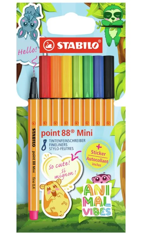 Комплект тънкописци, Stabilo, Point 88 Mini, Animal Vibes, 8 цвята