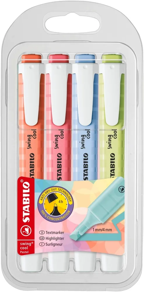 Комплект текст маркери, Stabilo, Swing Cool Pastel, 4 цвята