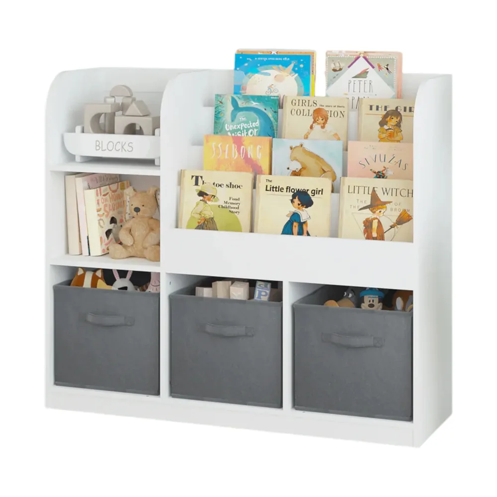 Детски Органайзер GINGER HOME, Етажерка с Рафтове за Играчки и Книги, 3 Текстилни Кутии, Дървен, Бял, 92x30x80 см, Монтесори