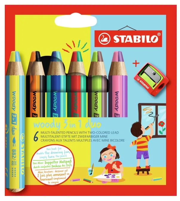 Комплект цветни моливи, Stabilo, Woody 3 в 1 Duo, 6 цвята + острилка