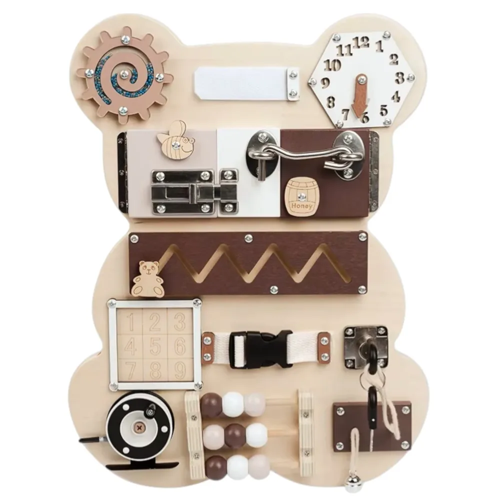 Дървен Бизи Борд Мече GINGER HOME, Монтесори Дъска за Фина Моторика, 30x39 см