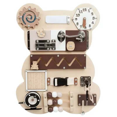 Дървен Бизи Борд Мече GINGER HOME, Монтесори Дъска за Фина Моторика, 30x39 см