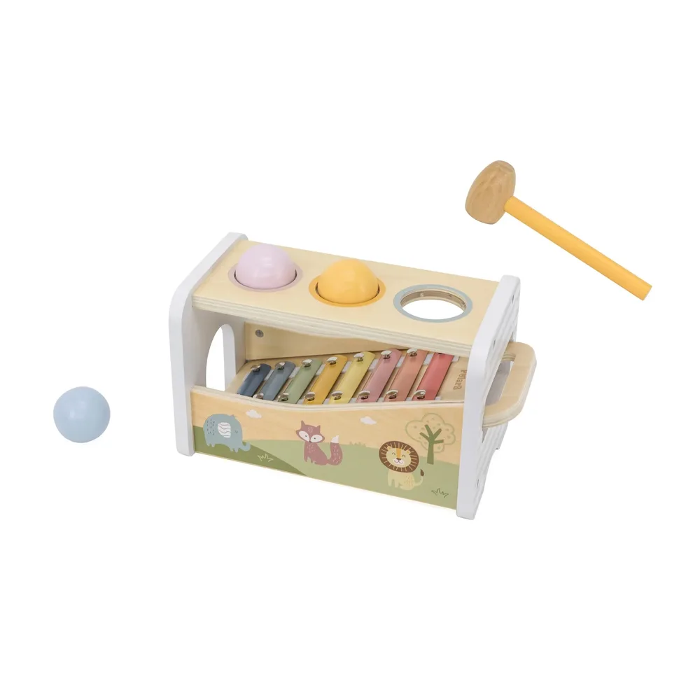 Дървена играчка PolarB 2 в 1 – Играчка с топки, чук и ксилофон