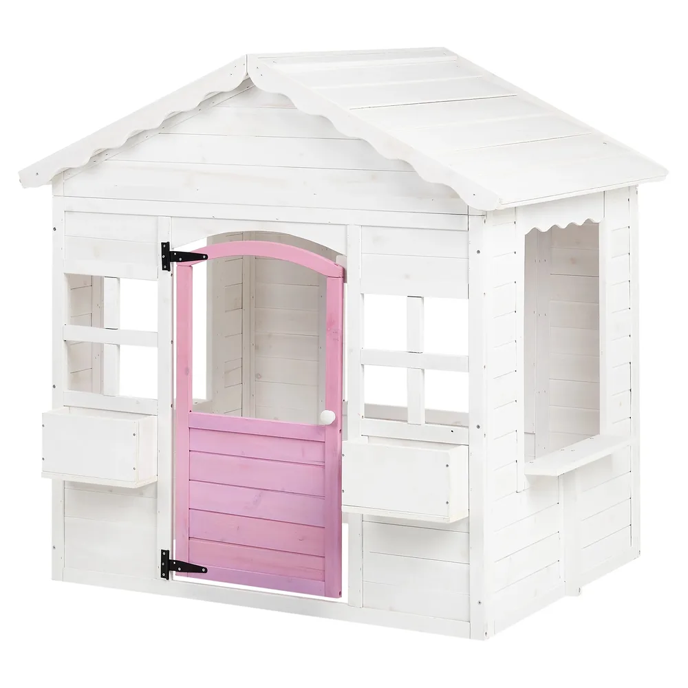 Детска Дървена Къщичка за Игра GINGER HOME – Градинска Къща с Прозорци и Саксии, Бяла, 123×106×125 см