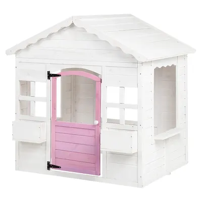 Детска Дървена Къщичка за Игра GINGER HOME – Градинска Къща с Прозорци и Саксии, Бяла, 123×106×125 см