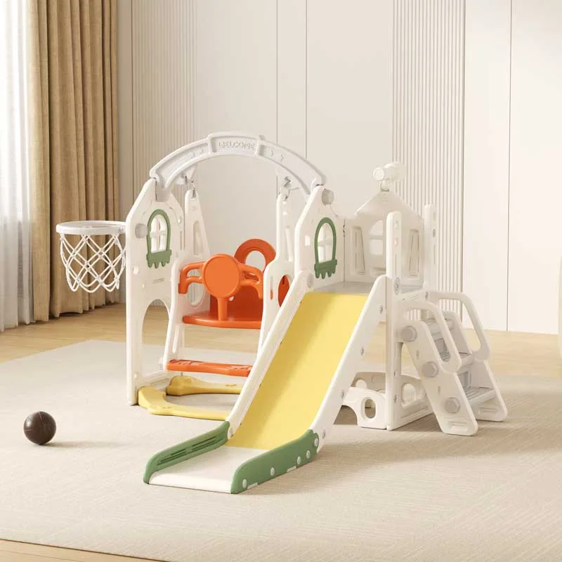 Детска къща за игра Feelkids с пързалка, люлка и баскетболен кош – зелена