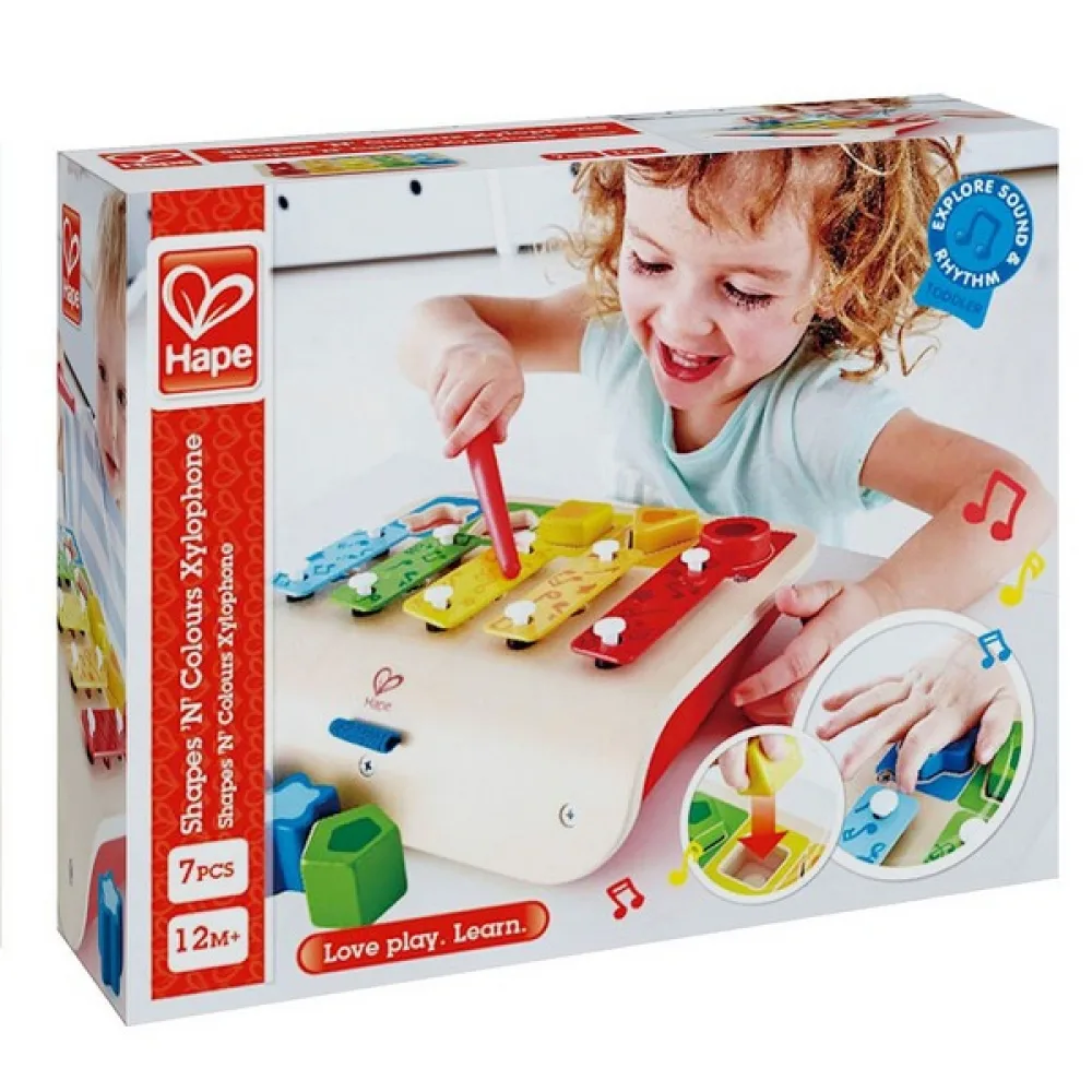 Музикална играчка, Hape, Дървен ксилофон и сортер, 7 части