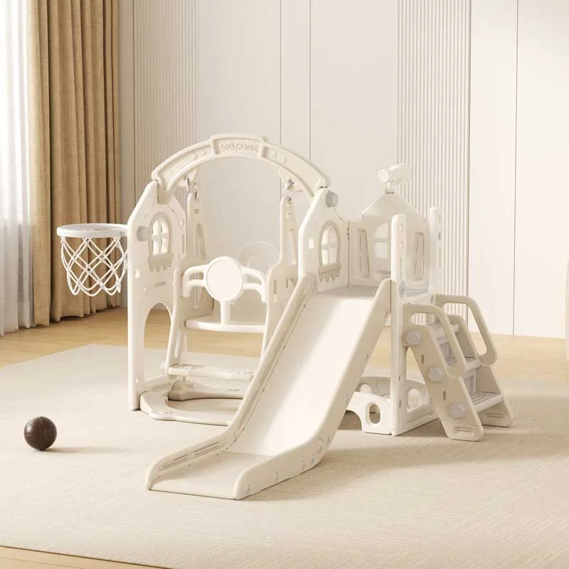 Детска къща за игра Feelkids с пързалка, люлка и баскетболен кош – бежова