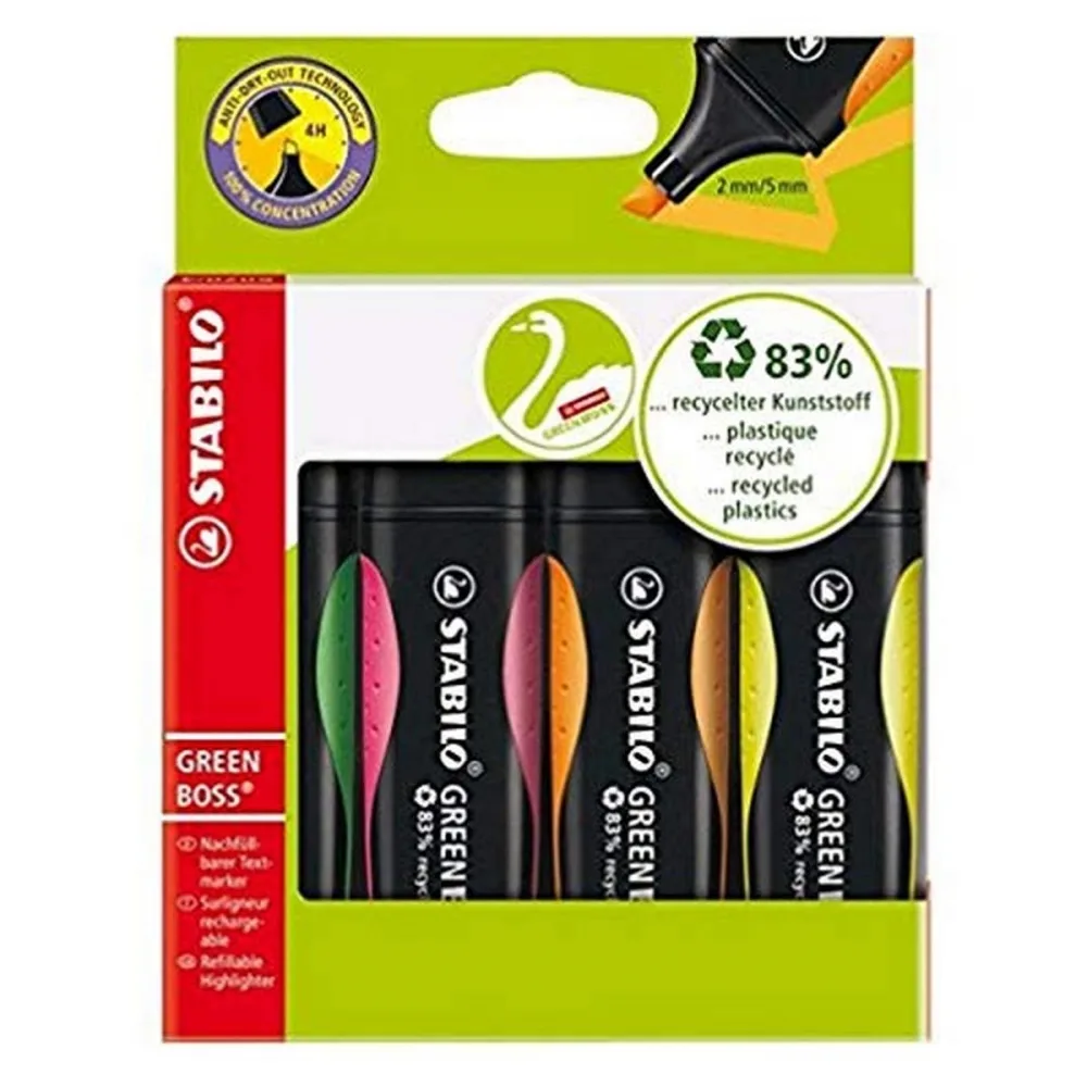 Комплект текст маркери, Stabilo, Green Boss, флуоресцентни, 4 цвята