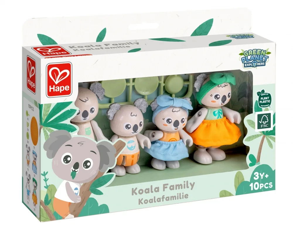 Комплект дървени фигури, Hape, Семейство коали, 10 части