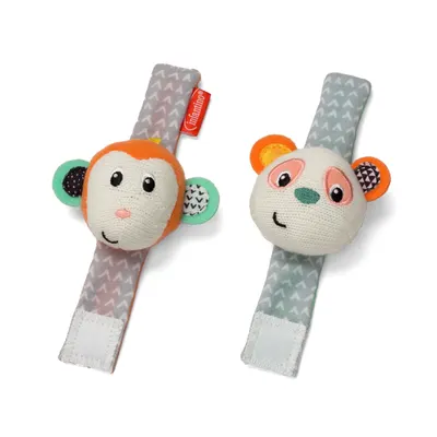 Комплект меки гривни с дрънкалка, Infantino, Маймунка и панда, 2 броя