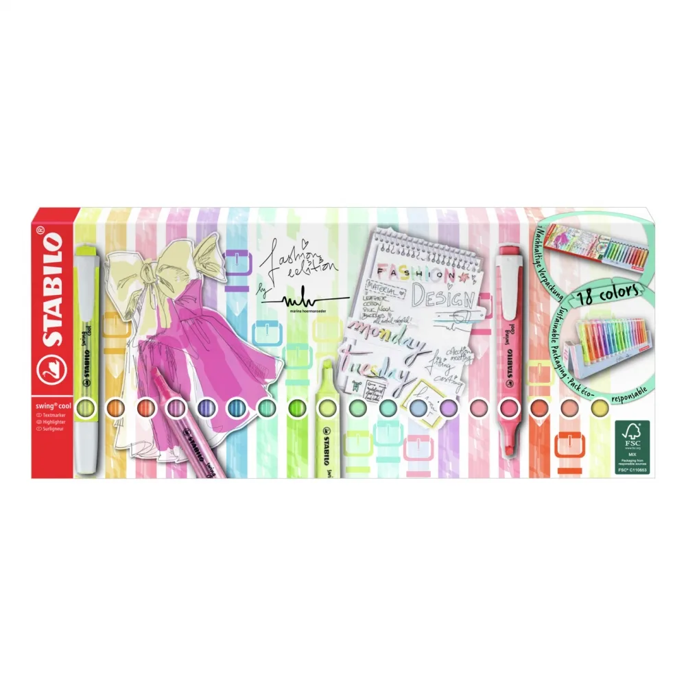 Комплект текст маркери, Stabilo, Swing Cool Pastel, със стойка за бюро, 18 цвята