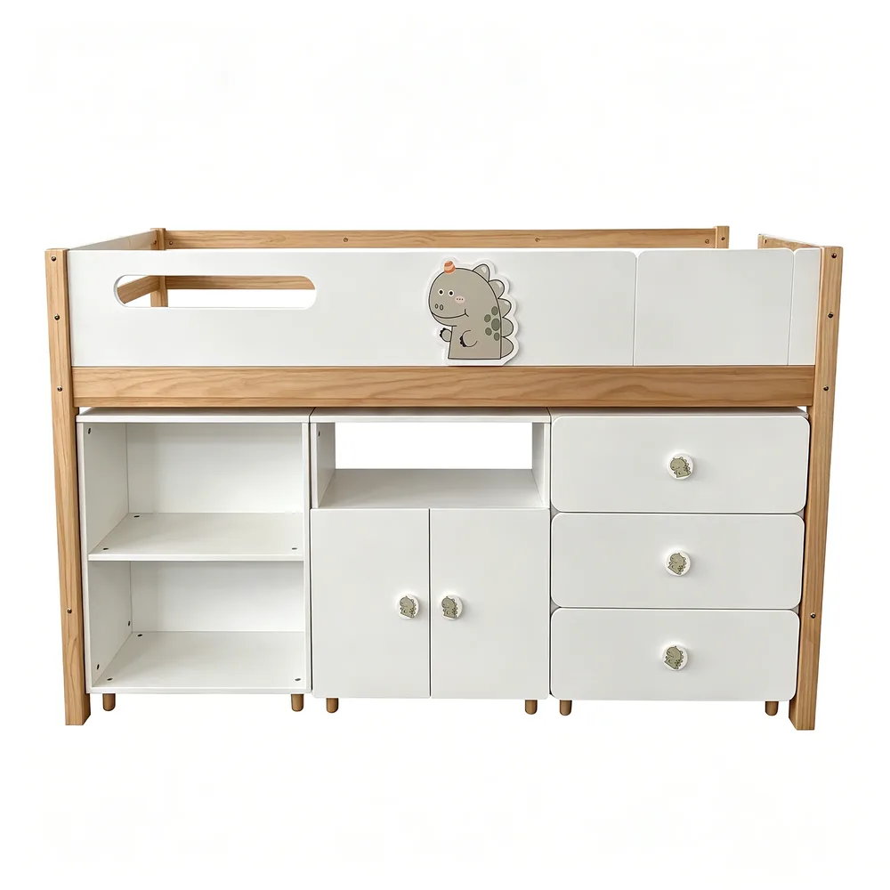 Детско Комбинирано Легло GINGER HOME DINO с Етажерка, Шкаф, Скрин и Подматрачна Рамка, 90x200 см