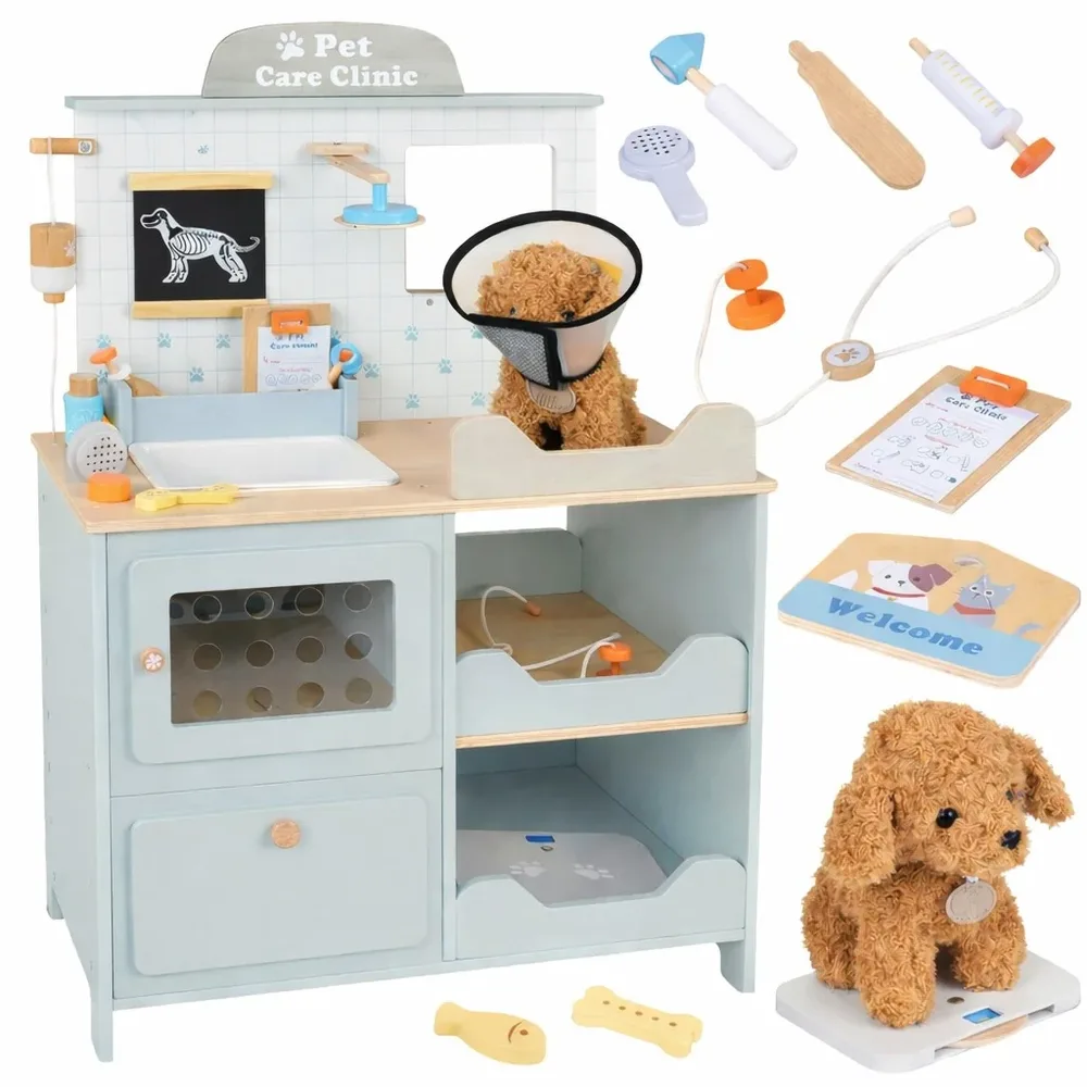 Детска Ветеринарна Клиника Играчка GINGER HOME – Дървен Ветеринарен Център с Аксесоари и Плюшено Куче, 89×57×30 см