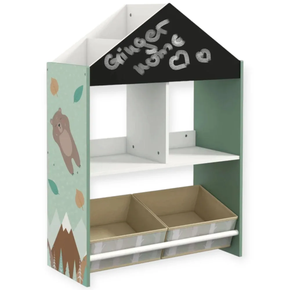 Детски Шкаф GINGER HOME, Етажерказа Играчки и Книжки с Мече, Черна Дъска за Писане, Къщичка FOREST