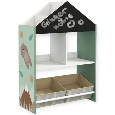 Детски Шкаф GINGER HOME, Етажерказа Играчки и Книжки с Мече, Черна Дъска за Писане, Къщичка FOREST