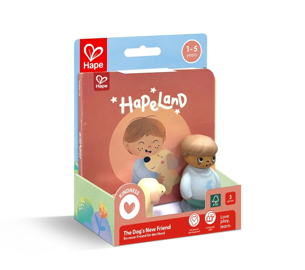 Игрален комплект, Hape, Комплект фигурки момче и куче с книжка, 3 части