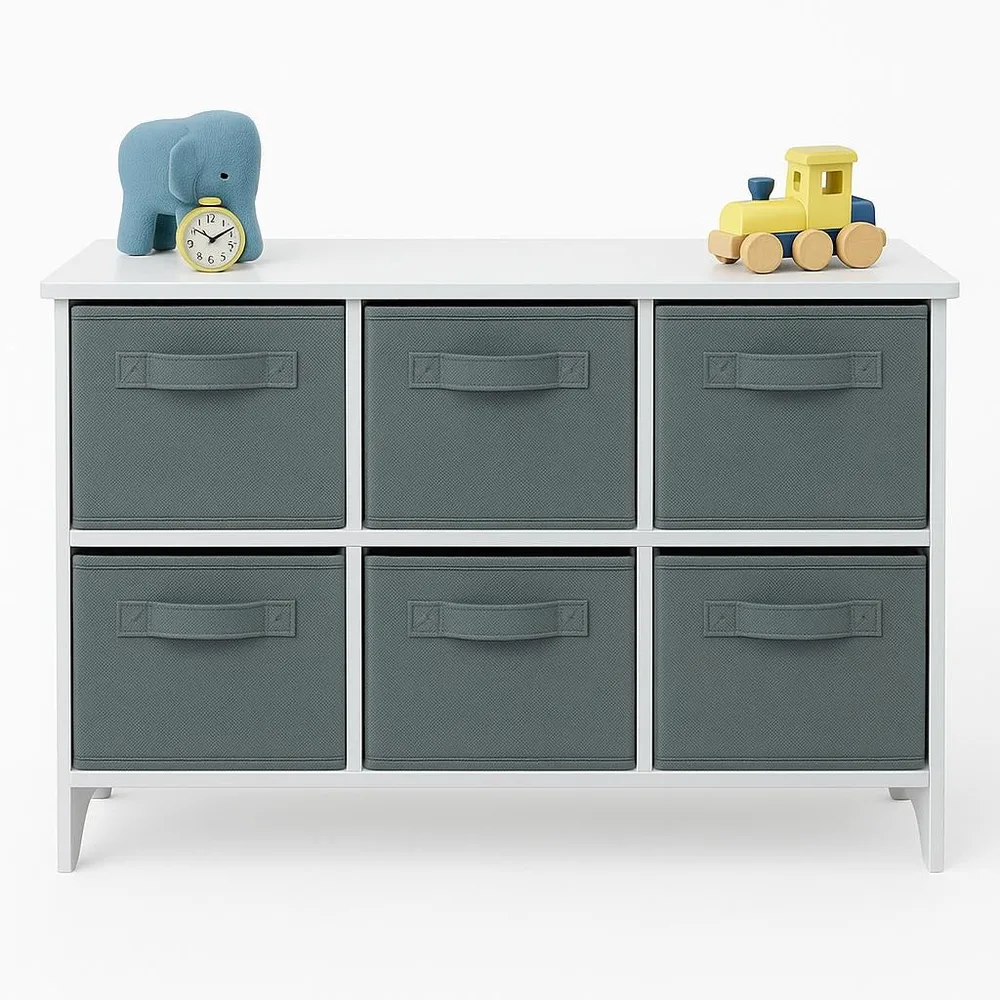 Детски Скрин GINGER HOME с 6 Текстилни Кутии за Съхранение на Играчки и Аксесоари, Сиво и Бяло
