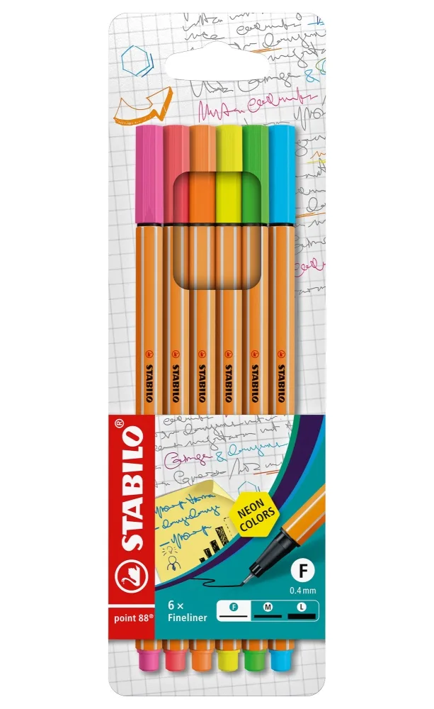 Комплект тънкописци, Stabilo, Point 88 Neon, 6 цвята