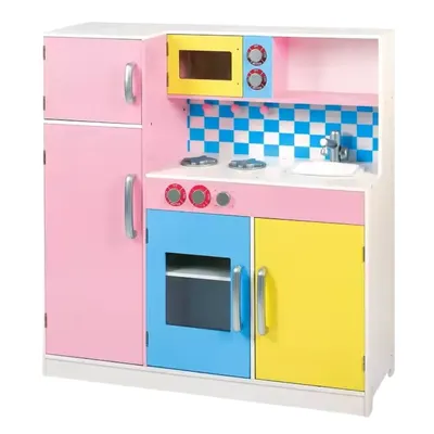 Детска Кухня GINGER HOME, Дървена Играчка за Ролеви Игри с Цветен Дизайн, Размери 90x30x90 см