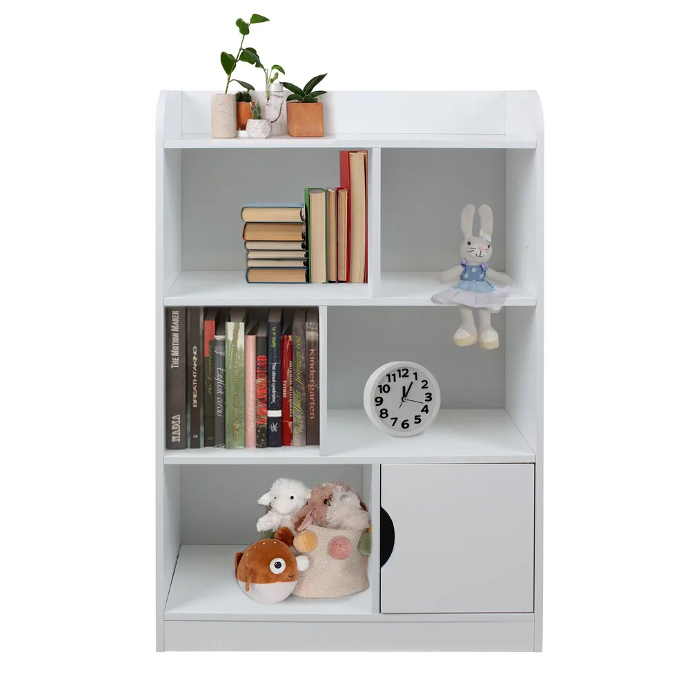 Детска Секция GINGER HOME за Съхранение на Книжки и Играчки, Етажерка с 4 Нива и Вратичка - Бяла