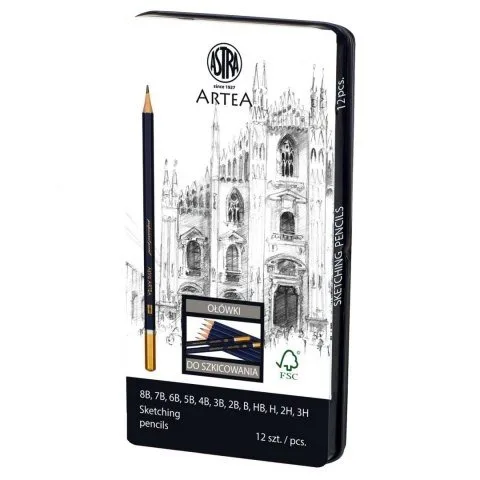 Комплект моливи за скициране в метална кутия, Astra, 12 броя