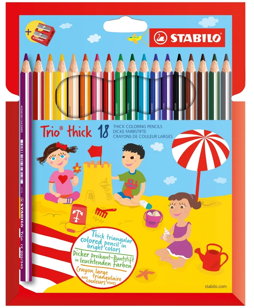 Комплект цветни моливи и острилка, Stabilo, Trio Thick, 18 цвята
