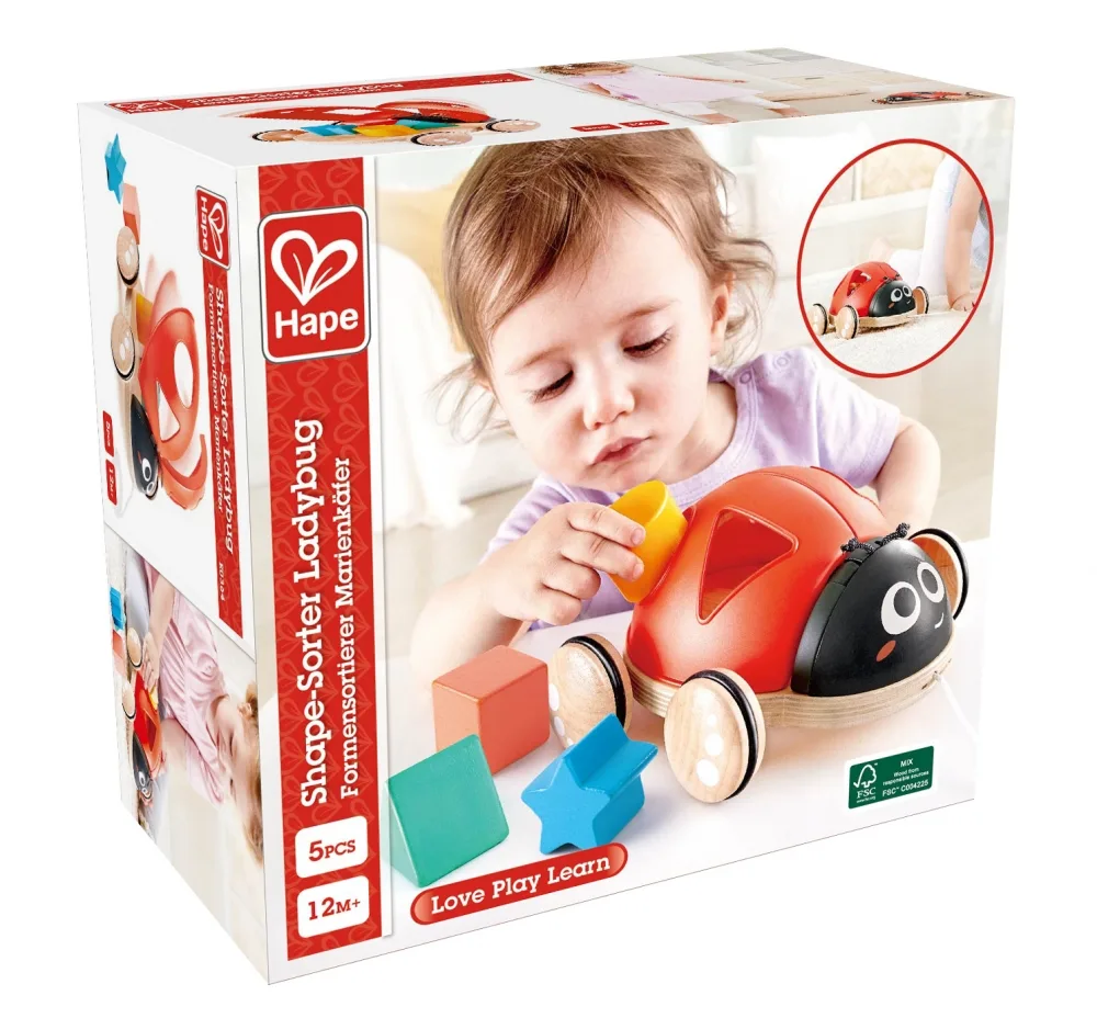 Дървена играчка за дърпане и сортиране, Hape, Калинка, 20 х 18 х 7 см