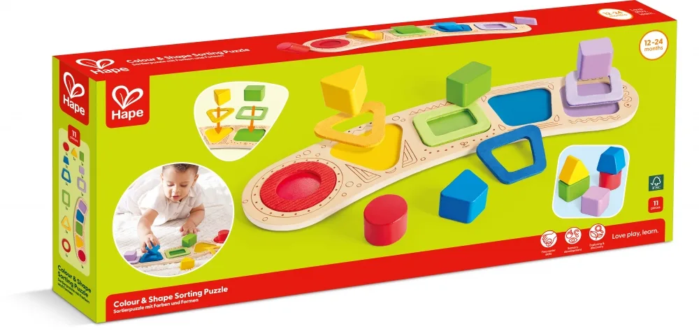 Дървен пъзел с форми за сортиране, Hape, 11 части