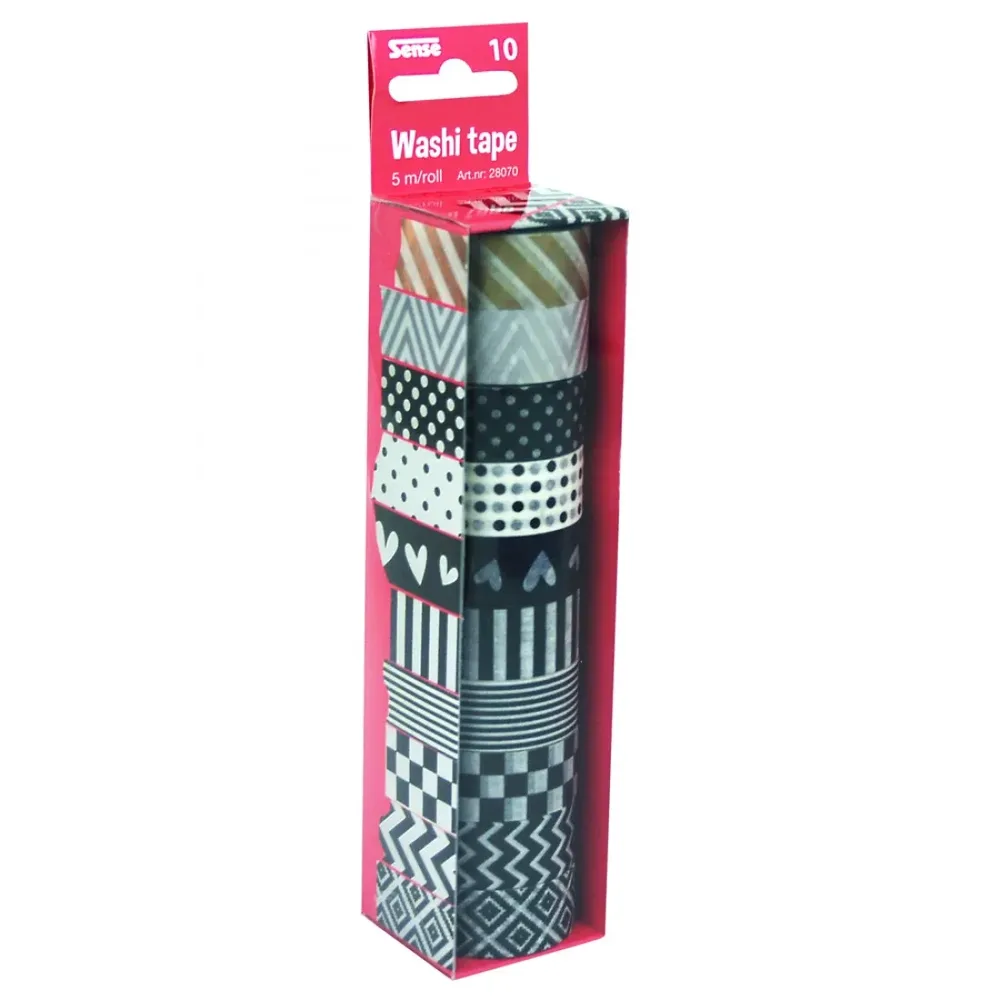 Декоративно тиксо WASHI TAPE - 8 бр. черно-бели + 2 металик