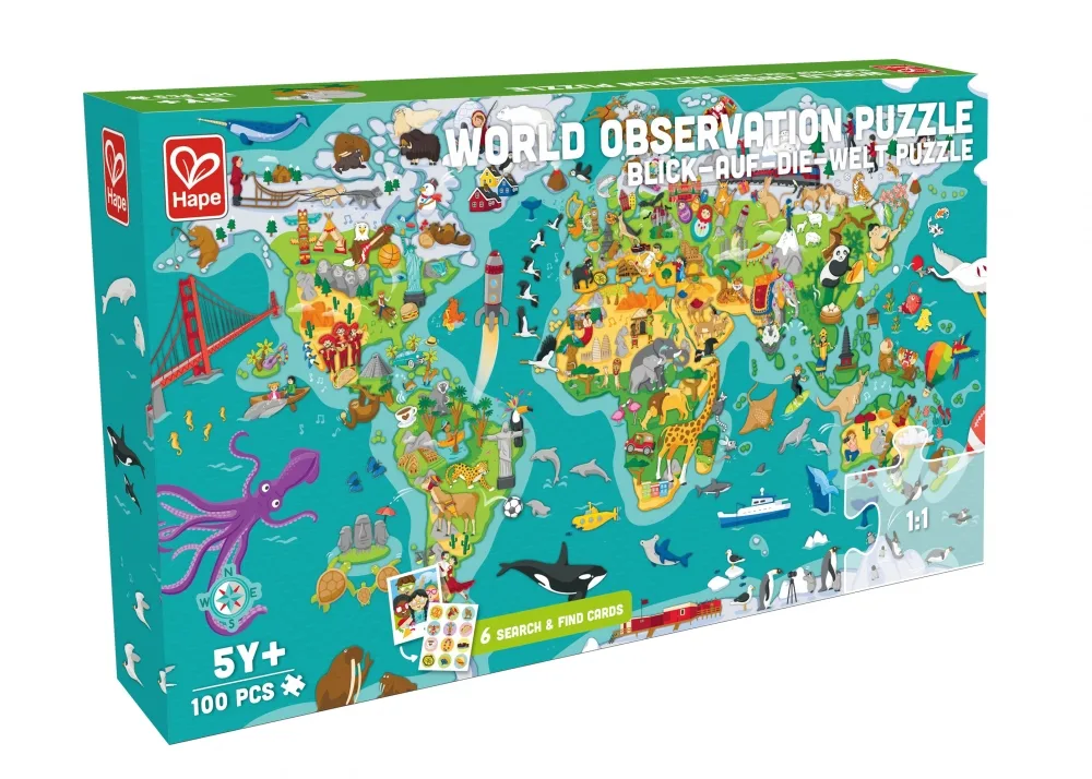 Пъзел и игра 2 в 1, Hape, Световна обиколка, 105 части