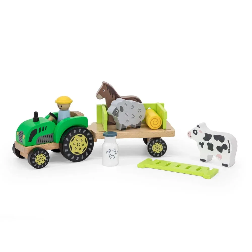 Дървена играчка - Трактор с фермер и животни